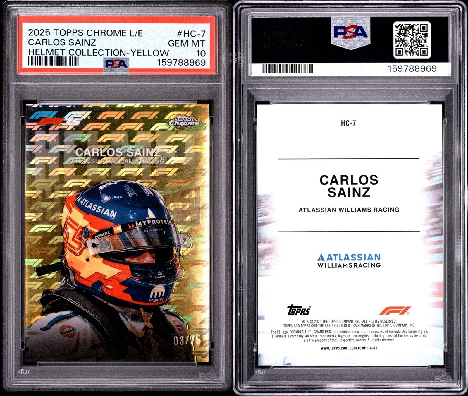 2025 TOPPS CHROME F1 CARLOS SAINZ HELMET COLLECTION YELLOW LOGOFRACTOR /75 PSA10 view 3