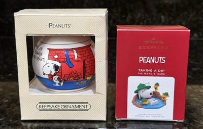 Hallmark Snoopy Peanuts Lot. 1983 Satin Ball & 2021 Taking A Dip With Woodstock