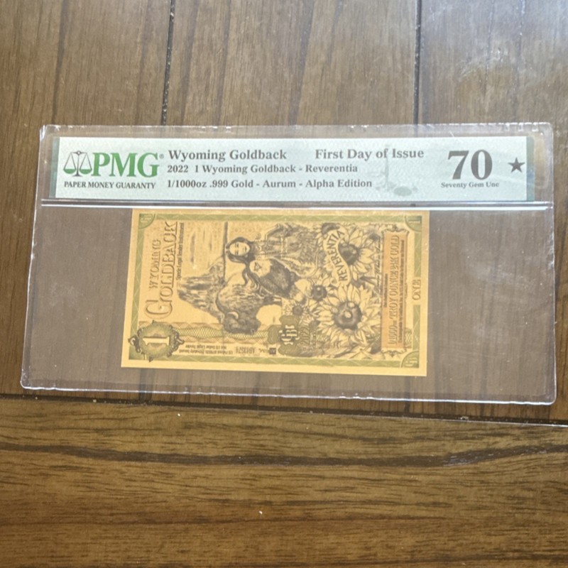 Goldback 2022 Aurum Alpha Edition Reverentia 1/1000 oz .999 Gold Bar PMG 70