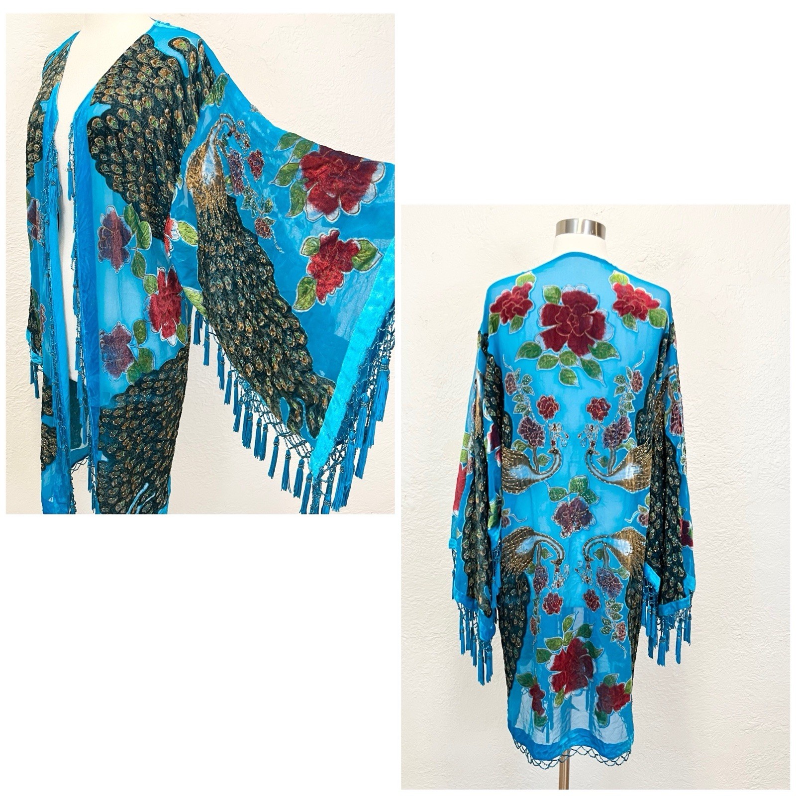Vintage Kimono Duster Blue Burnout Velvet Beaded Fringe Flor