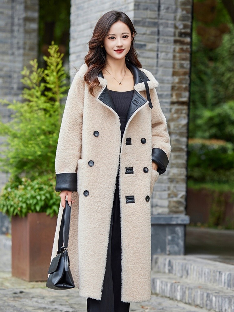 Womens 100% Wool Real Lamb Shearling Fur Over Knee Long Coat