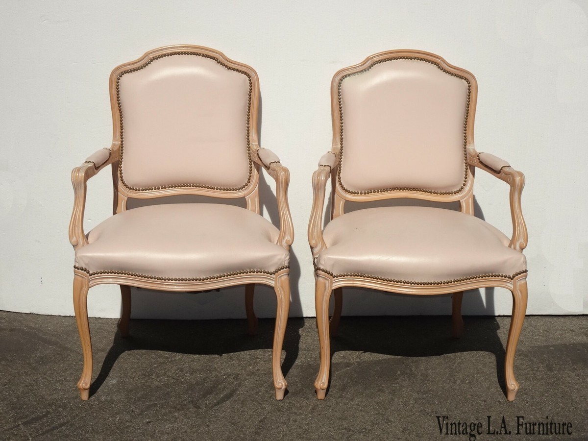 Pair Vintage French Country Leather Accent Chairs by Chateau D'AX