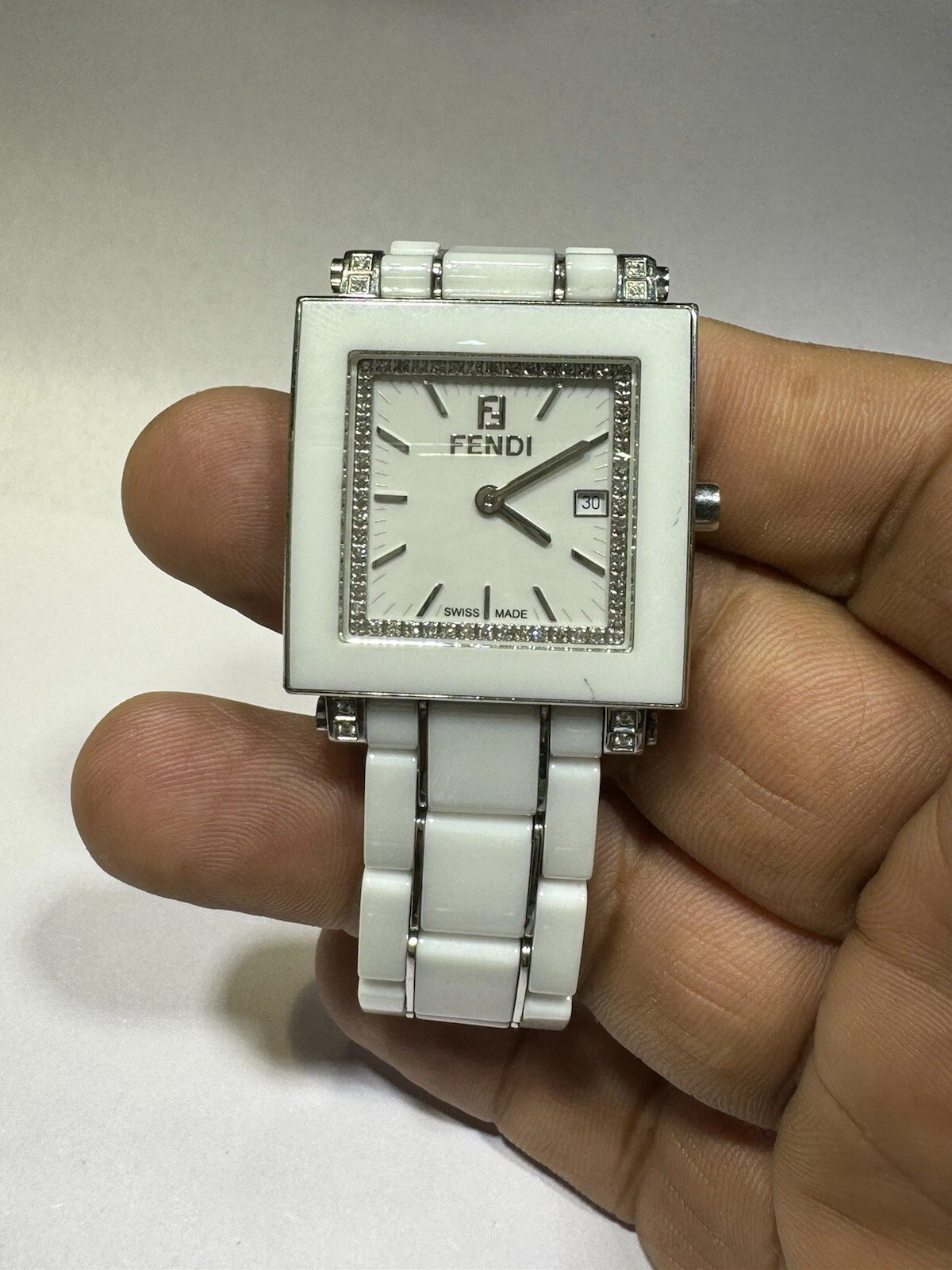 Orologio Originale Fendi Orologi SS & Ceramica Bianca Donna Diamante Quadro 6200G