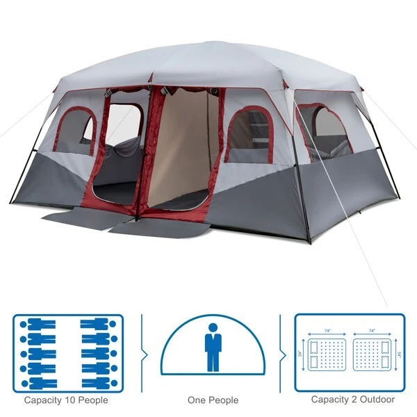 10 people red white grey two room camping tent 405 305 200cm