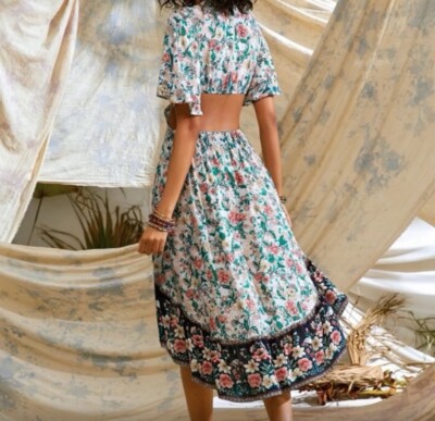 Shein Hi-low Floral Front tie Cutout Maxi Dress Open Back Tie Front Casual Sexy | eBay Shein Hi-low Floral Front tie Cutout Maxi Dress Open Back Tie Front Casual Sexy | eBay
