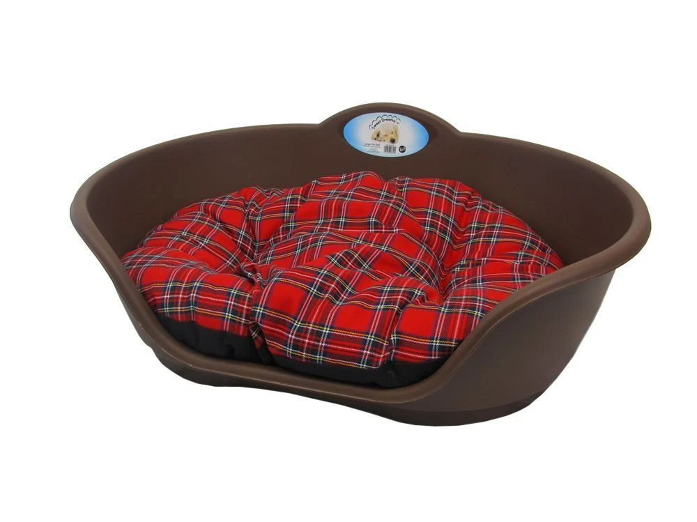 Extra Large Plastic BROWN Dog Pet Bed With RED TARTAN Dog Cat Basket