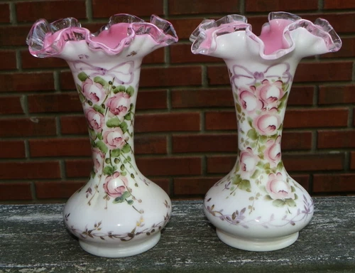Pair of Vtg 8" Fenton Silver Crest "Charleton" Vases-Pink Flowers-Gold Leaves