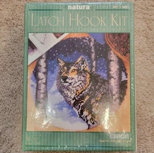 NOS Vintage 1980s Caron Nature Latch Hook Kit 28" Craft Kit Wolf Round Portrait