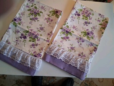 Homemade Floral Lace Trim Ruffled Purple Cotton Pillowcases Pair Cottage Style