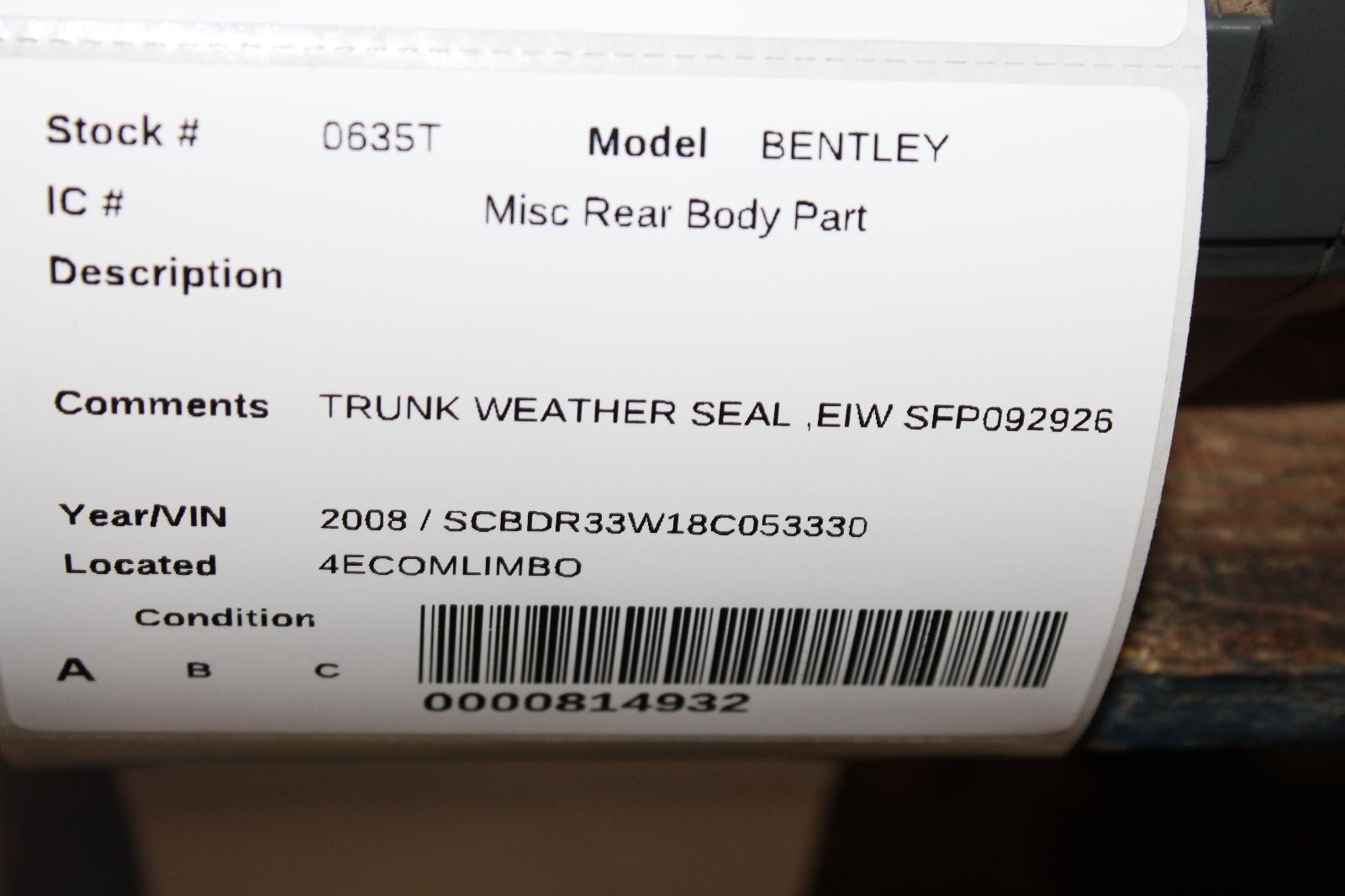 Bentley Continental GT 2006-2013 Rear Trunk lid seal