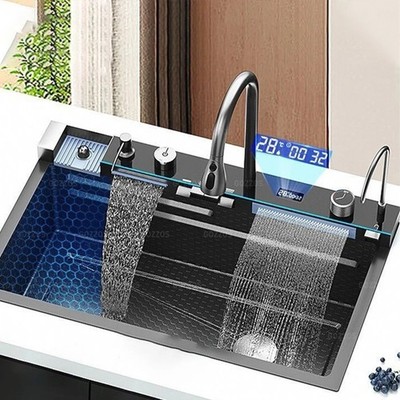 304 Stainless Steel Waterfall Kitchen Sink Digital Display Single Bowl Gray