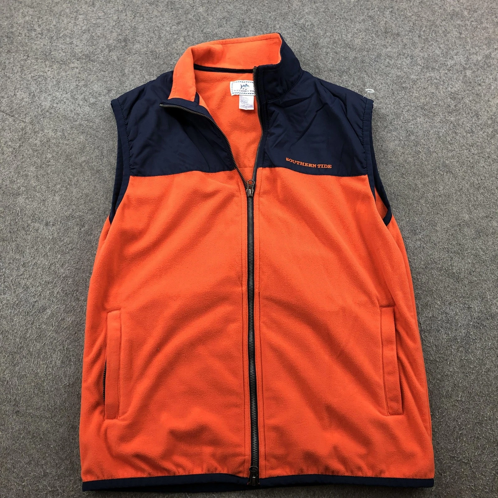 Southern Tide Vest Mens Medium Orange Navy Fleece Full Zip Nylon Yoke Outdoors