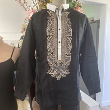 Mens Black Barong Tagalog XL Embroidery Tunic Dress Shirt
