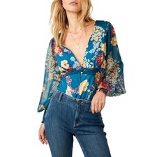 Free People Wanderlust Floral Print Bodysuit Long Sleeve Jade Combo Small NWT