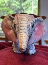 Vintage Handmade Cloth Elephant Plush Rope Tail Pink Blue Folk Art
