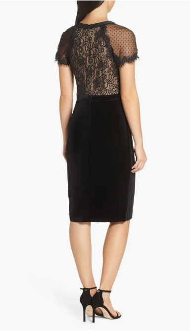 TADASHI SHOJI Black Nude Lace Bodice Velvet Skirt Turri Sheath