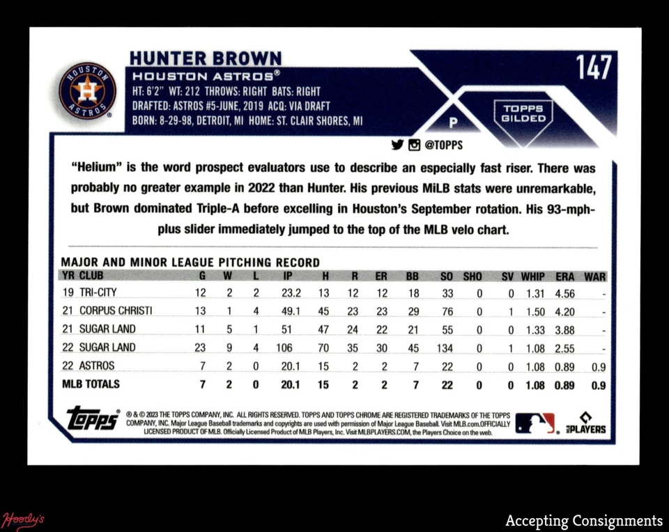 2023 Topps Chrome Gilded Collection Gold Etch #147 Hunter Brown RC ROOKIE 98/99 - Image 2 of 2