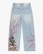 Y2K Cherry Blossom Knight Embroidered Jeans – Street Retro Wide-Leg Denim Pants