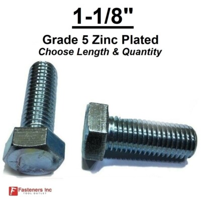 1-1/8''-7 Hex Bolt Zinc Plated Grade 5 Cap Screw Coarse Thread (All Length & Qtys