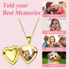 Womens Memorial Picture Heart Round Locket Necklace Custom Engraved Text Pendant