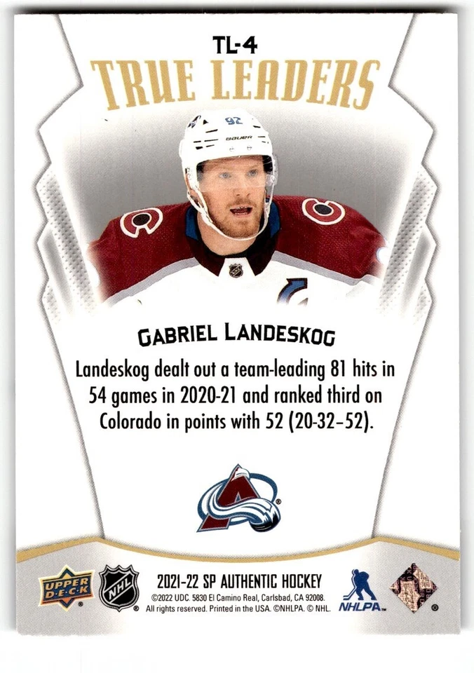 2021-22 SP Authentic True Leaders Gabriel Landeskog #TL-4 - Image 2 of 2