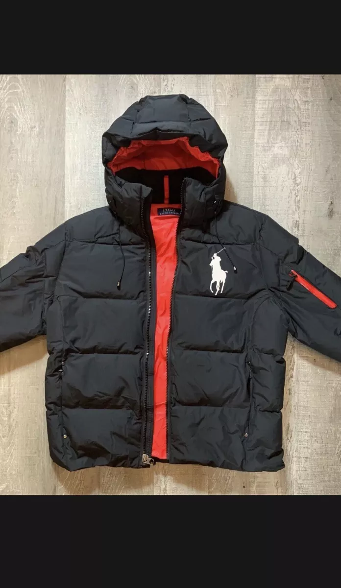 Polo Ralph Lauren Mens Black White Big Pony Hooded Down Puffer