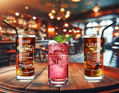 Personalised, Birthday Highball Glass, 18th 20th 21st 30th 40th 50th 60th 70th