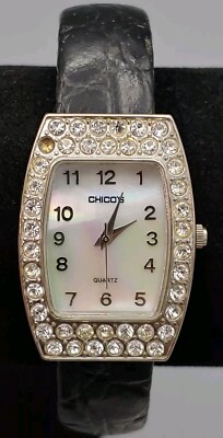 Chicos Women's Watch Rhinestone Embossed Lizard Skin Iridescent Pearl Face Works