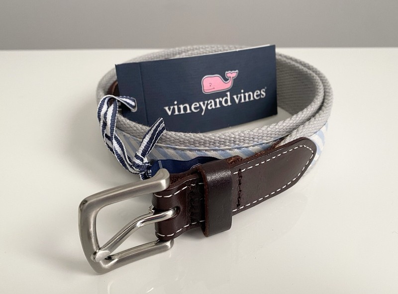 Vineyard Vines Kids Boys Seersucker Canvas Club Striped Blue White Brown Belt 26
