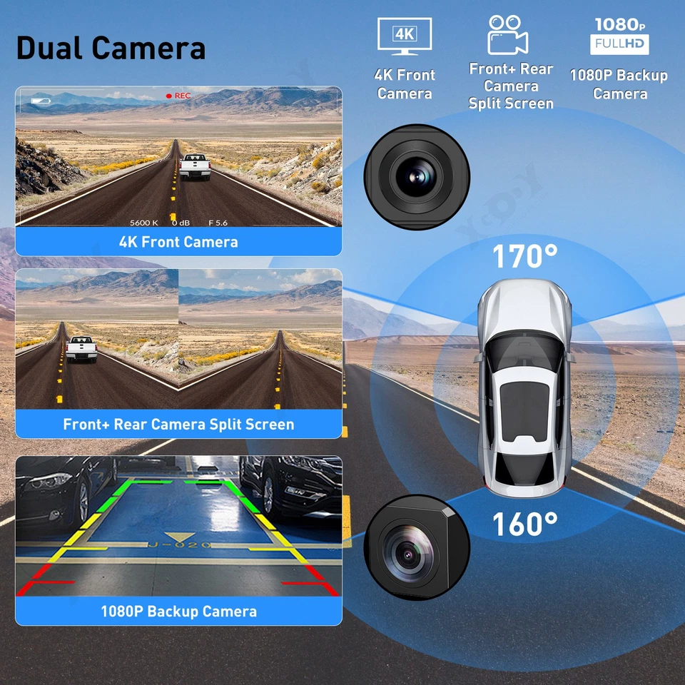 4K HD WIFI Dash Cam Car GPS Navigation BT Apple CarPlay & Android Auto 11.3 In - Image 4 of 4
