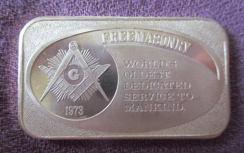 U.S.S.C. -Free Masonry- RARE  1 Troy Oz. .999 Fine Silver Art Bar 1973