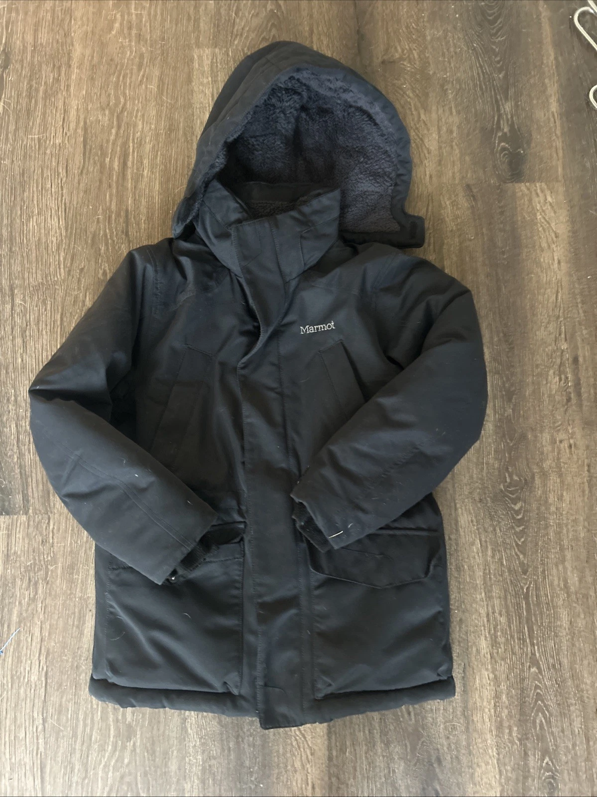 Marmot Kids Puffer Jacket Uni Youth M Black 700 Fill Down Hooded Ski Snow Winter