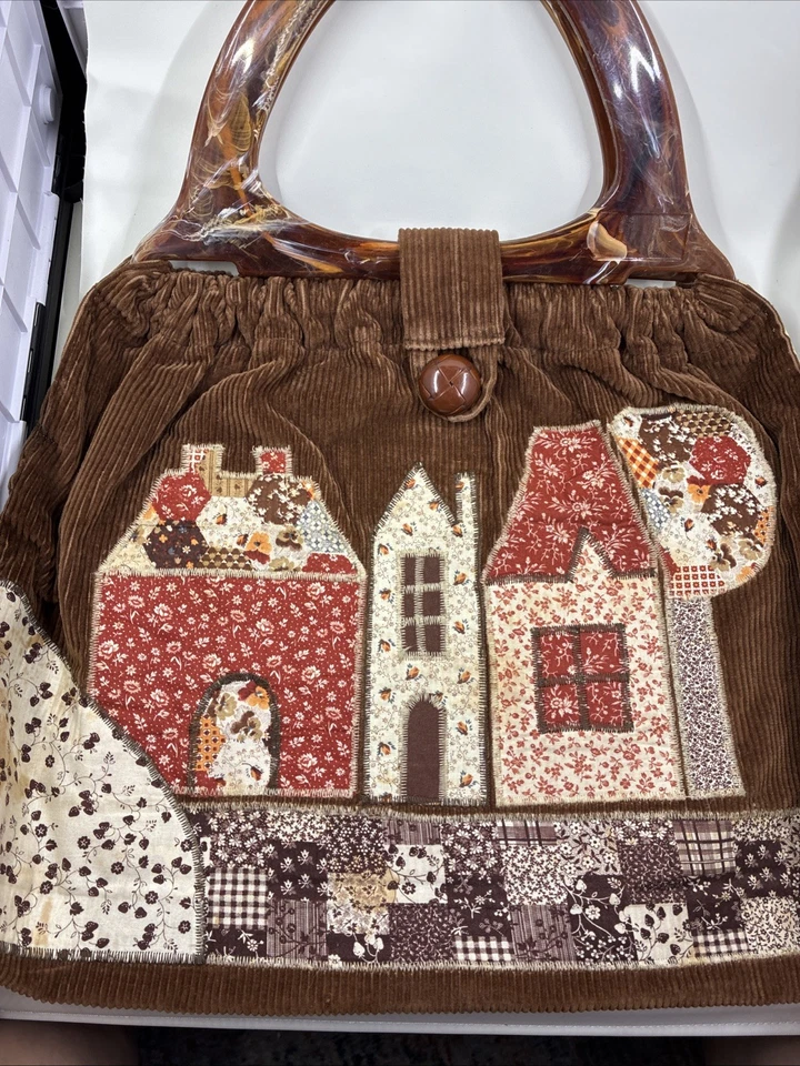 Bolso de Mano de Pana de Colección, Asa de Acrílico, Casa Acolchada Marrón Otoño **Manchas Como Se Muestra* Foto 3 de 4