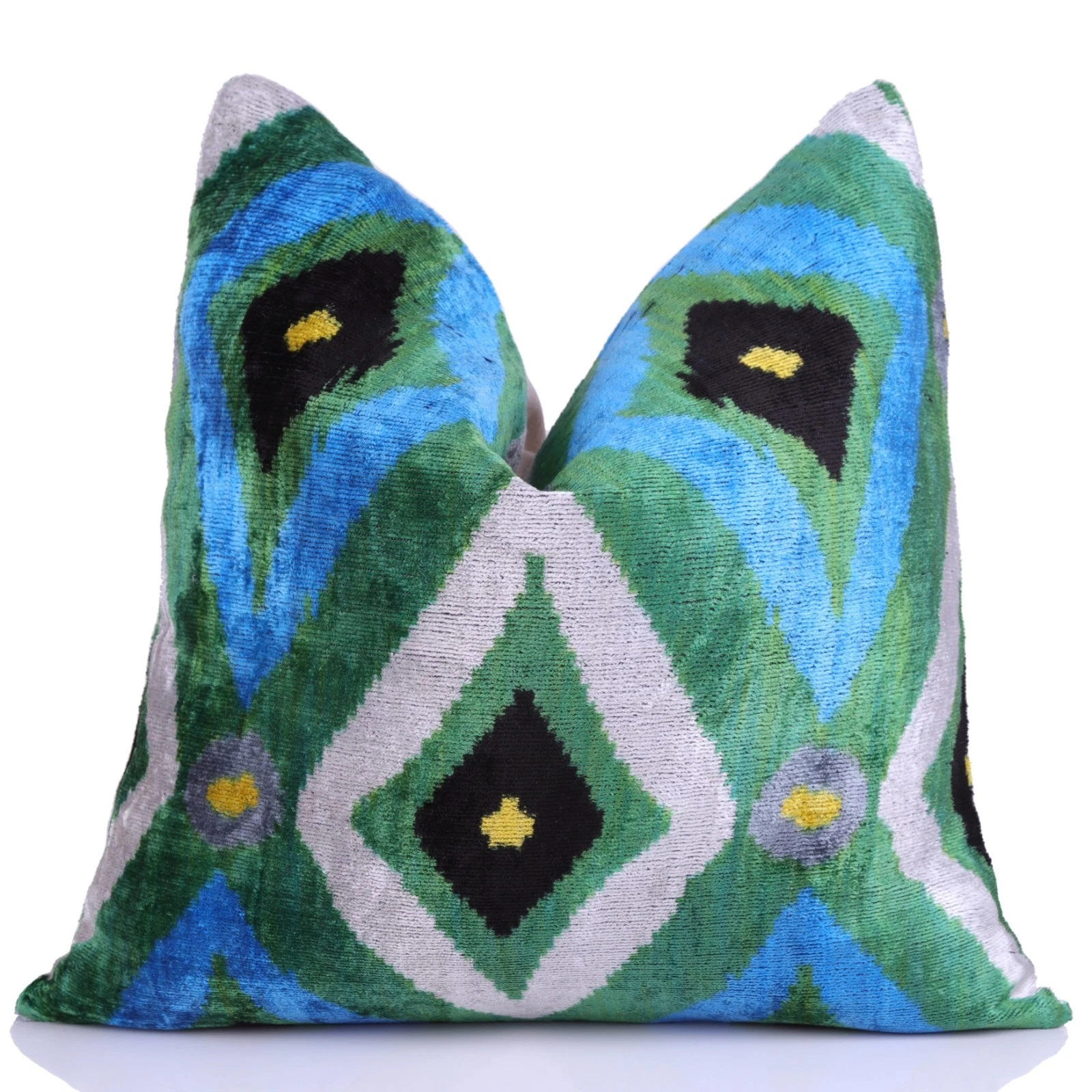 Emerald & Blue Geometric Velvet Pillow – 16x16” | Handmade Luxe