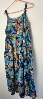 Women's Blue Orange Lily pad Hawaiian Maxi Dress XL | eBay