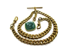 Old Pocket Watch Chain Double Albert Drop - 18CT GF T-Bar 2 Dog Clip 45g 8" Long