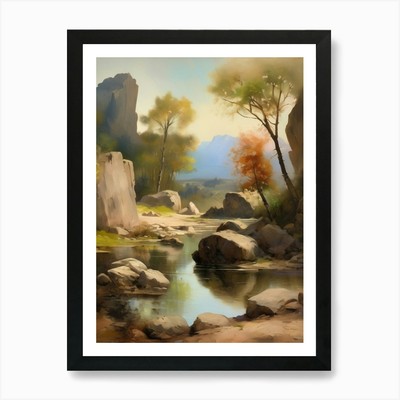 Waldsee, Vintage Ölgemälde, Fa gerahmtes Wandbild Poster Leinwanddruck Bild
