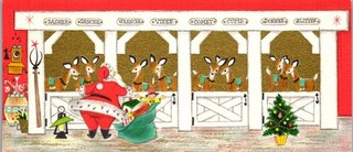 Babbo Natale visita renna cervo in stalla biglietto di auguri di Natale vintage