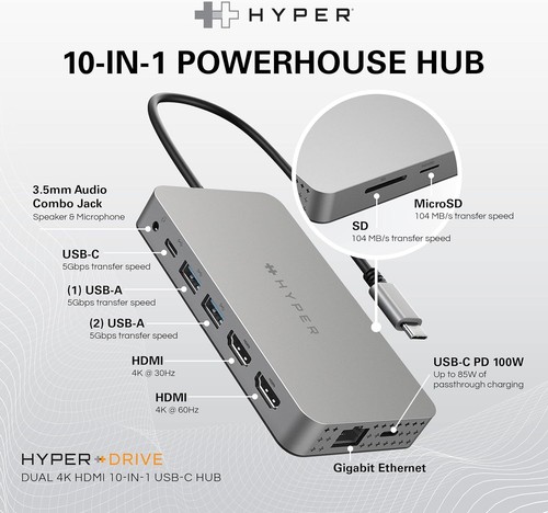 HyperDrive 4K Dual HDMI USB C Hub M1 MacBook 10in1: Dual 4K HDMI, Gigabit Ethern - Picture 2 of 8