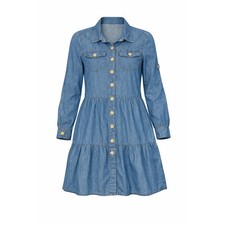Kings Road Chambray Denim Shirt Dress Women's Large Tiered Button Front Cotton