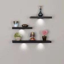 SkyMall Versatile Wood Floating Wall Shelves with LED Lights - Black (Set of 3)