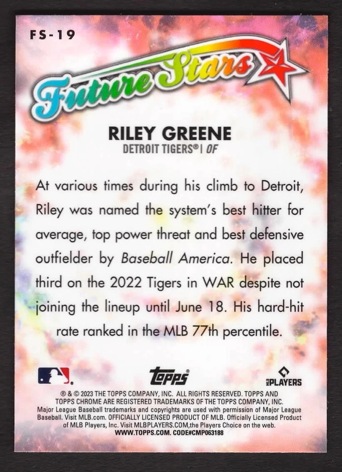 2023 Riley Greene Topps Chrome Baseball Future Stars Rookie RC Tigers FS-19 - Image 2 of 2