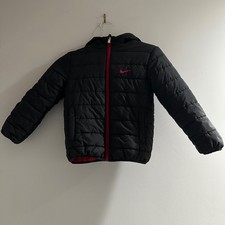 Nike Puffer Jacket Kids Size 6 Black Red Good Hooded Fleece Lined Zip Up Coat