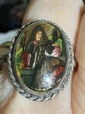 Antique Painted Crystal Spanish Dancer Silver Ring England Size 8