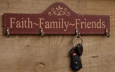 Wooden Plaque ~Key ~ Jewelry~organizer "Faith Family Friends" 4 Hooks