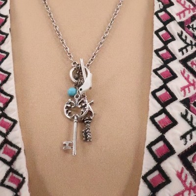 Key Charm Necklace Womens Silver Tone Boho Bird Cross Layering Front Toggle