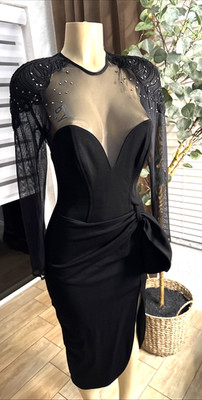 Vintage CACHE/TADASHI Mesh Top Rhinestone Embellished Bombshell Dress Small mc