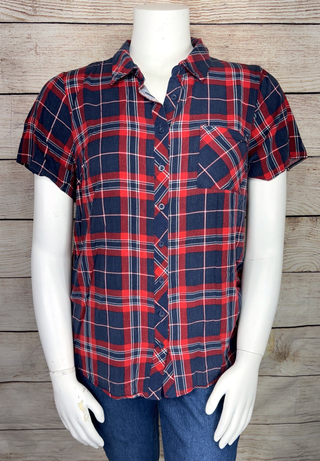 TORRID 3 Women's Soft Stretch Challis Button-Front Shirt Red White Blue Plaid 3X
