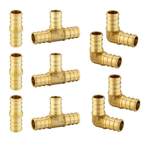 10PCS 3/4" PEX Barb Crimp Brass Fitting Mix:Elbow(4),Coupler(3), Tee(3), No Lead