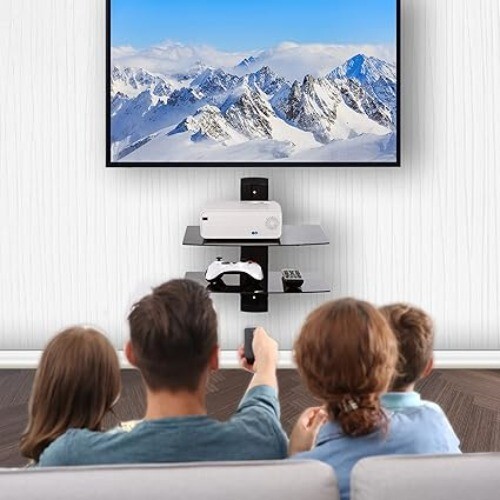Black Adjustable Wall-Mounted Shelf With Cable Management - 2-Tier Glass For TV - Picture 2 of 7